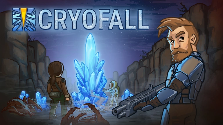 CryoFall game art showing players holding weapons and looking a blue crystals.