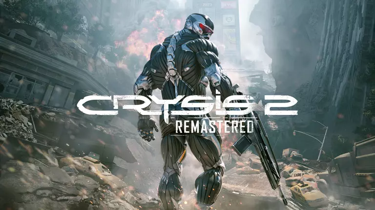 Crysis 2 Remastered game art showing super-soldier in the ruins of New York.