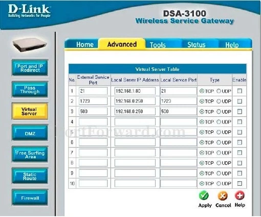 Dlink DSA-3100 port forward