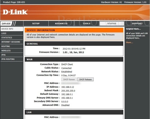 Dlink DIR-835 Device Info