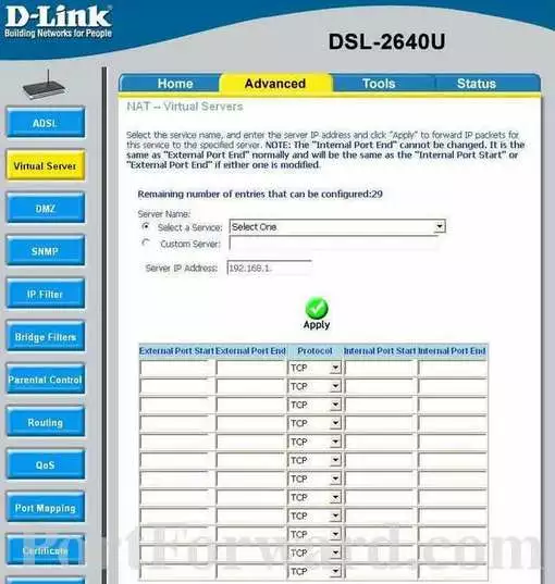 Dlink DSL-2640U port forward