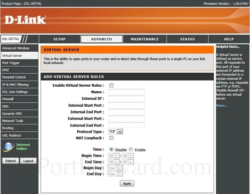 Dlink DSL-2877AL Virtual Server