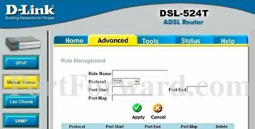 Dlink DSL-524T port forward