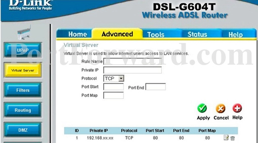 Dlink DSL-G604Tv1.00B02 port forward