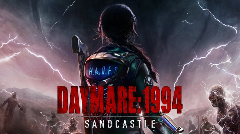 Daymare: 1994 Sandcastle game art showing character surrounded by human-like creatures.