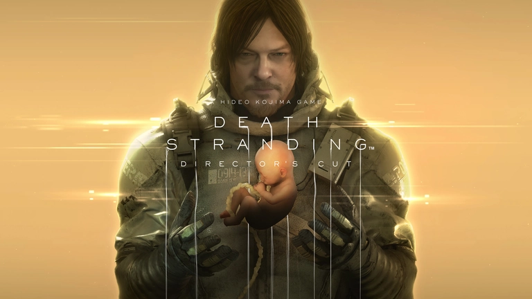 Death Stranding logo of a man holding a baby on an orange background