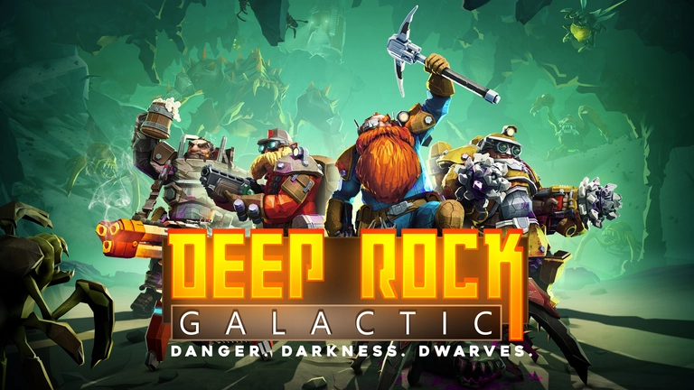 Deep Rock Galactic artwork featuring four space dwarves in a cave surrounded by enemies