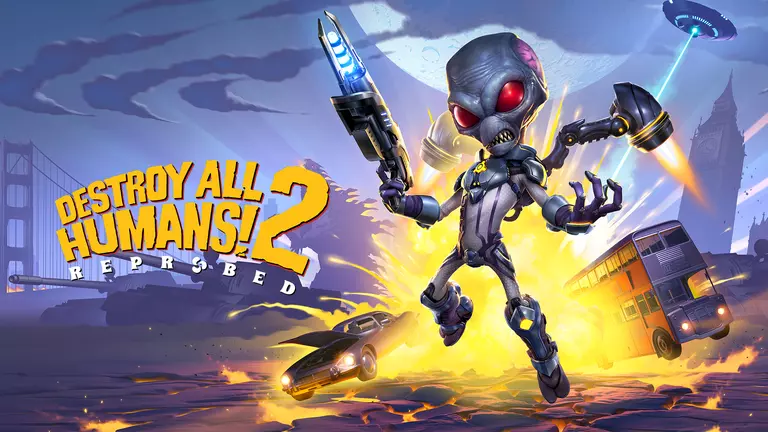 Destroy All Humans! 2: Reprobed game art showing an alien holding a weapon.