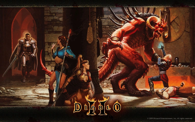 Diablo II game art showing characters fighting a demon.