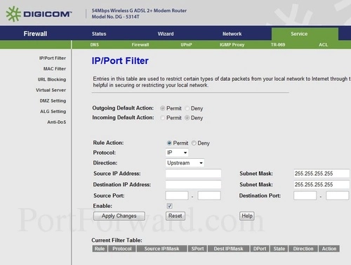 Digicom DG-5314T IP and Port Filter