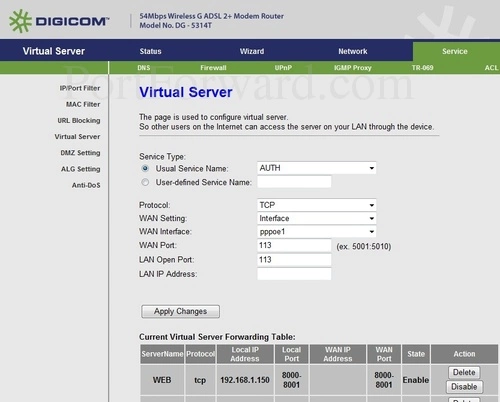 Digicom DG-5314T Virtual Server