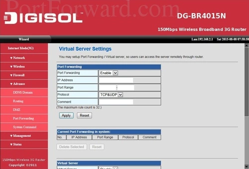 Digisol DB-BR4015N Virtual Server Settings