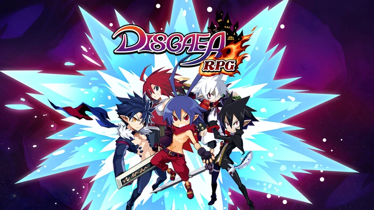 Disgaea RPG artwork featuring Laharl, Killia, Valvatorez, Adell, and Mao