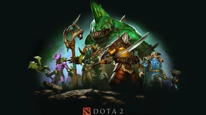Dota 2 game artwork featuring a team of heroes