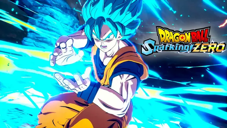 Dragon Ball: Sparking! Zero screenshot with logo featuring Goku in his Super Saiyan Blue form