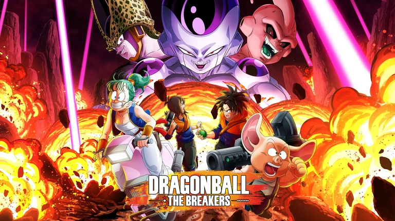 Dragon Ball: The Breakers artwork featuring survivors fleeing from the villians Cell, Frieza, and Buu