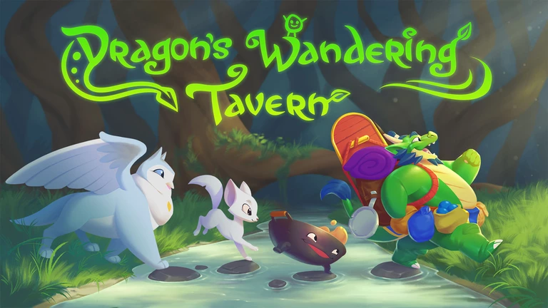 Dragon's Wandering Tavern game art showing dragon leading fantastical creatures on an adventure.