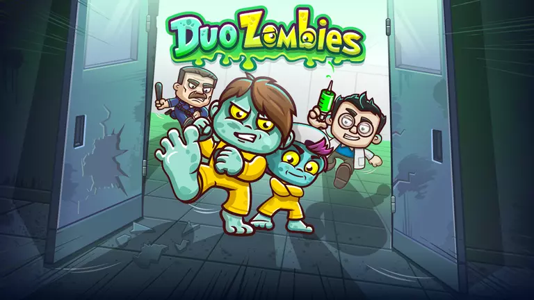 Duo Zombies game art showing kid zombies kicking down a door.