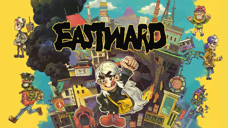 Eastward game art showing the characters and lots of buildings.