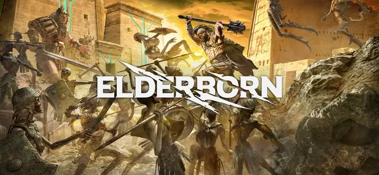 Elderborn game art showing a player fighting against many enemies.