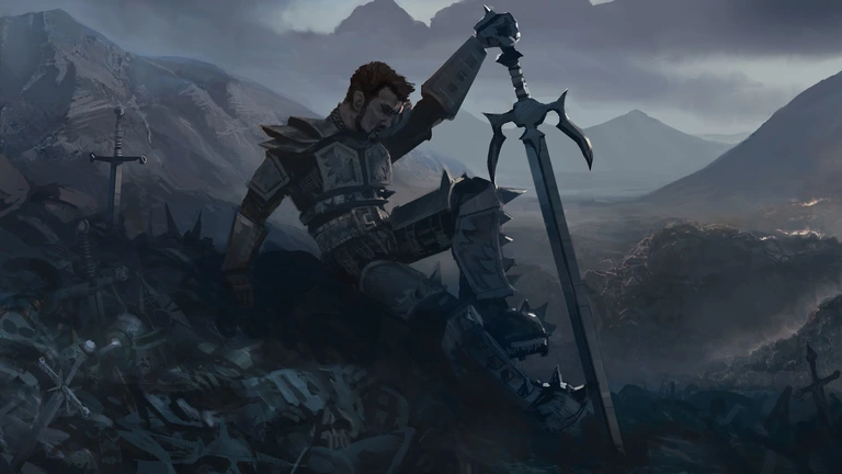 Enclave: Shadows of Twilight game artwork showing a knight resting on a battlefield