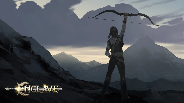 Enclave game artwork featuring a huntress holding her bow above her head