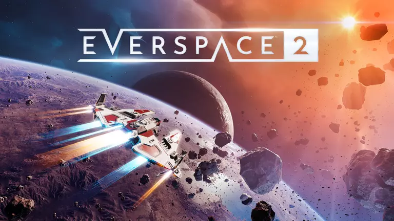 Everspace 2 ship flying in an asteroid field near a planet.