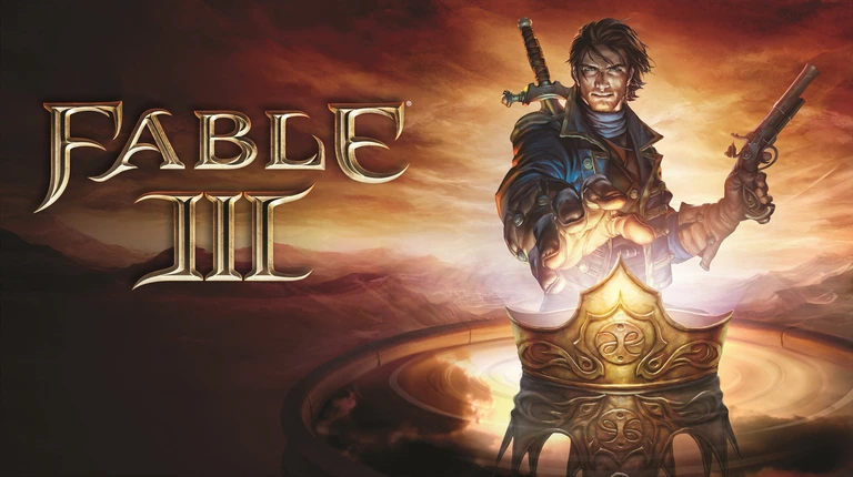 Fable III artwork with title and character reaching for crown