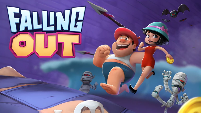 Falling Out game artwork featuring Giorgio and Felicie running from some enemies