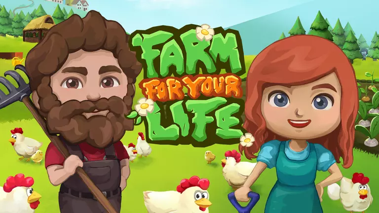 Farm for Your Life farmers with chickens and garden vegetables growing nearby.