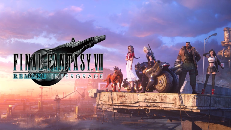 Final Fantasy VII Remake Intergrade artwork featuring Red XIII, Aeris, Cloud, Barret, and Tifa