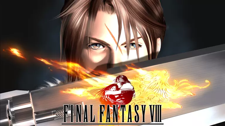 Final Fantasy VIII cover artwork featuring Squall Leonhart wielding his gunblade