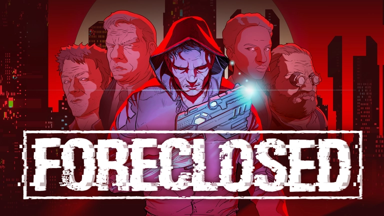 Foreclosed game art showing characters with a city in the background.