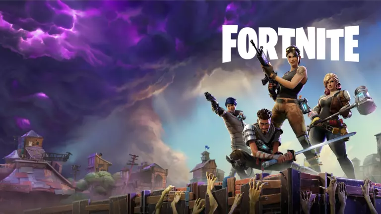 The Fortnite box art in purple and blue, bristling with guns and hammers