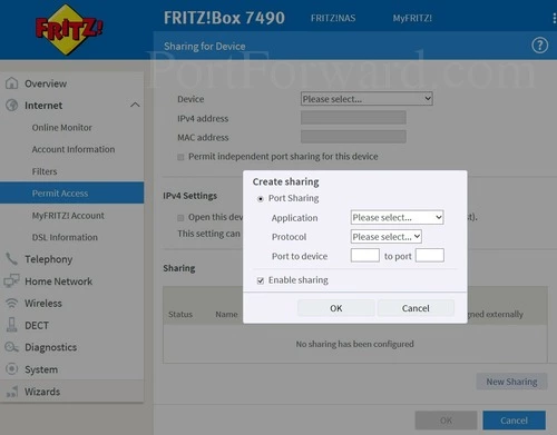 FRITZ BOX 7490 Permit Access Port Sharing Add Device New Sharing