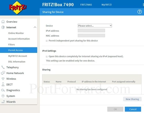 FRITZ BOX 7490 Permit Access Port Sharing Add Device