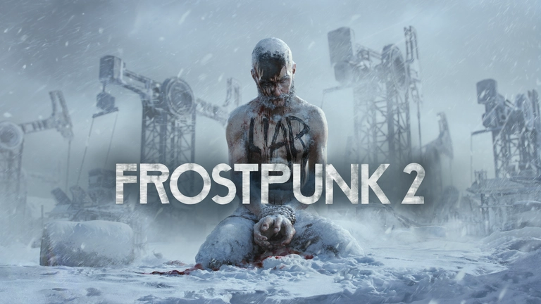 Frostpunk 2 game art showing a character with liar written accross his chest and machinery in the background.