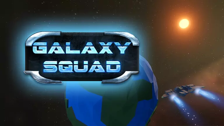 Galaxy Squad game art showing a ship flying toward a planet.