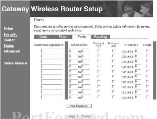 Gateway WGR-200AP port forward