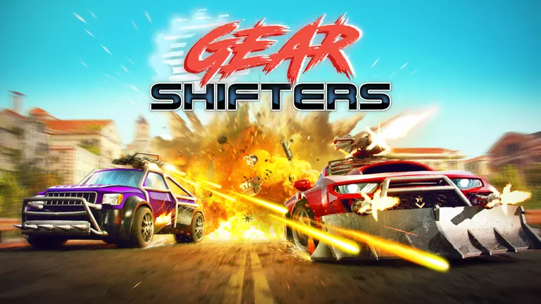 Gearshifters game art showing cars shooting at each other while racing.