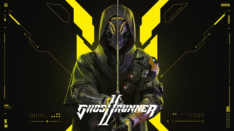 Ghostrunner 2 game art showing player with a weapon over his sholder and wearing a mask.