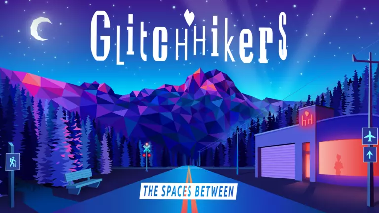 Glitchhikers: The Spaces Between game art showing a street, a building, and a hiking trail.