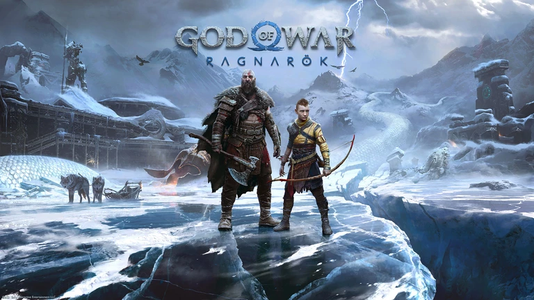 God of War: Ragnarök game art showing characters standing on ice.
