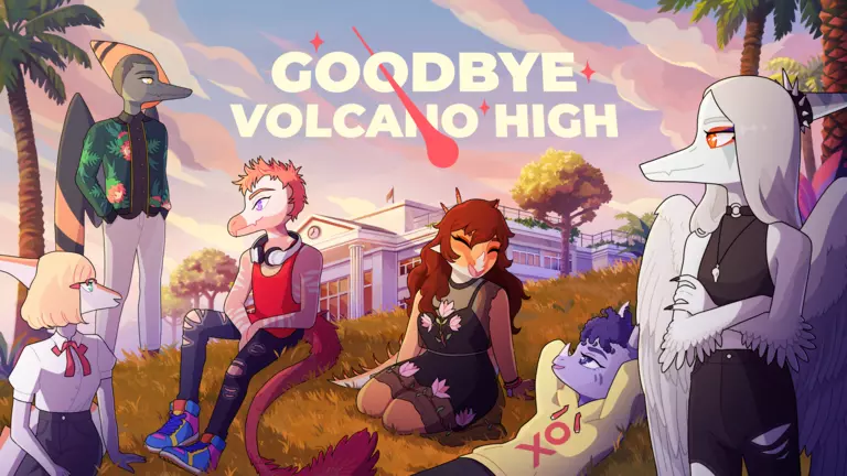 Goodbye Volcano High artwork featuring cast of anthropomorphic dinosaurs relaxing on a grassy hill