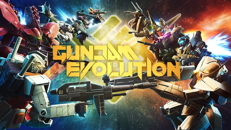 Gundam Evolution game artwork showing two teams of Gundam units going head-to-head