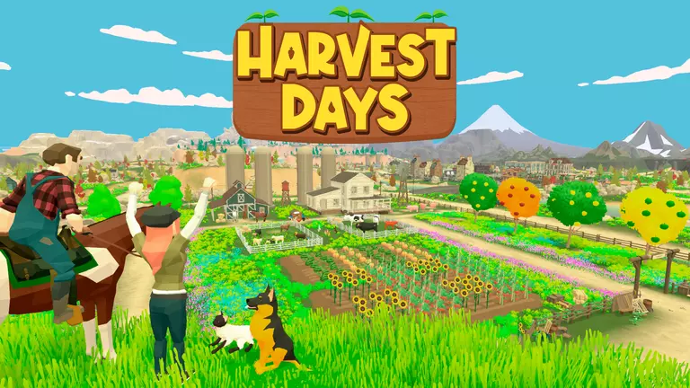 Harvest Days cover artwork featuring a couple farmers and their pets on a hill overlooking their farm