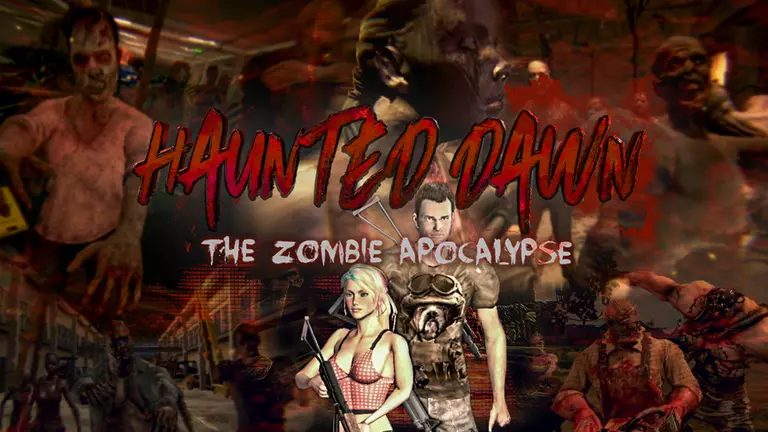 Haunted Dawn: The Zombie Apocalypse game art showing characters surrounded by zombies.