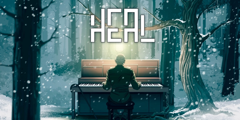 Heal game art showing a character playing a piano in the snow.
