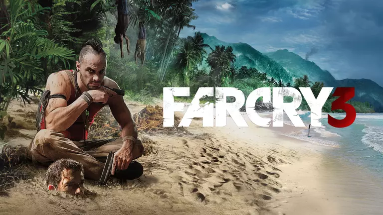 Far Cry 3 artwork featuring antagonist Vaas Montenegro sitting on a beach