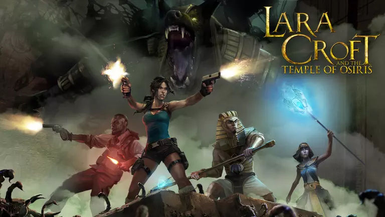 Lara Croft and the Temple of Osiris artwork featuring Lara Croft, Carter, Isis, and Horus